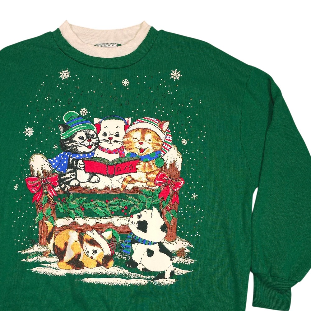 Vintage NutCracker Christmas Caroling Cats Sweatshirt Green Large USA Made